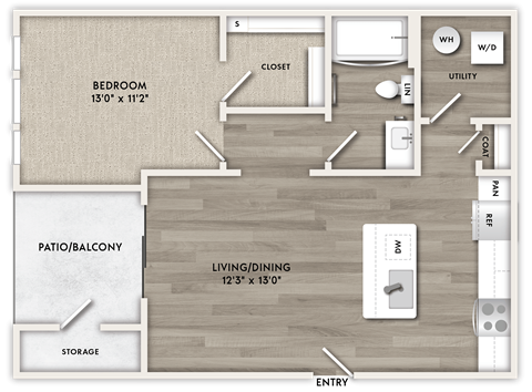 Floor plan for 1 bed, 1 bath, 731 sqft